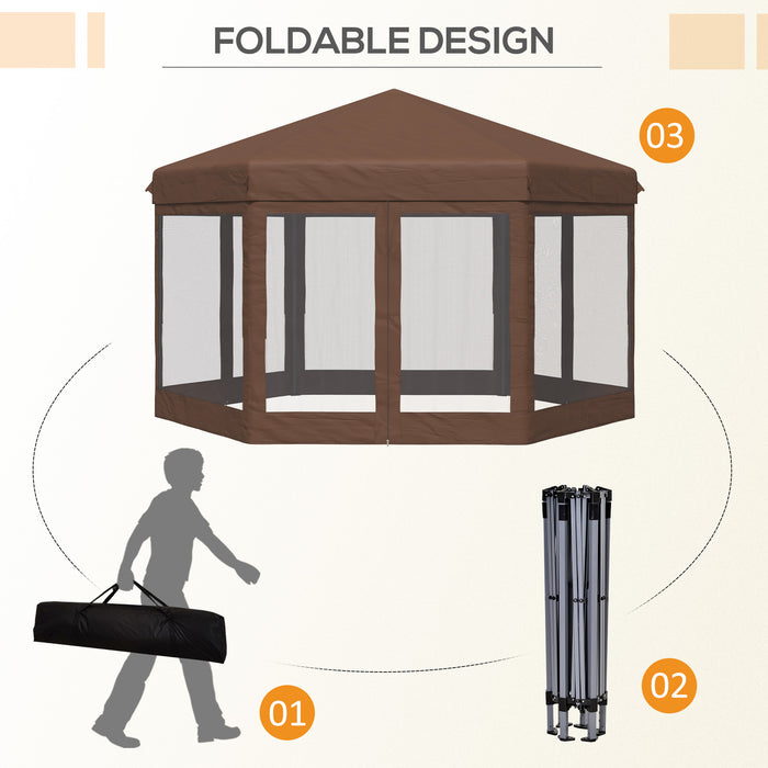 3x3.5m Hexagonal Pop Up Gazebo Party Canopy Height Adjustable Tent Sun Shelter w/ Mosquito Netting Zipped Door, Brown