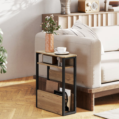 Narrow Side Table with Storage, Bedside End Table, Walnut Brown