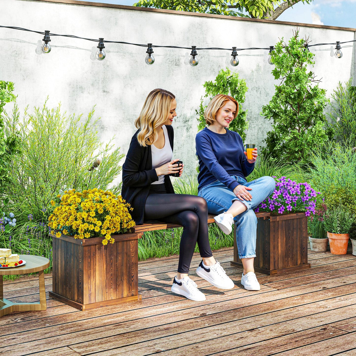 Wooden Garden Planter & Bench Combination Garden Raised Bed