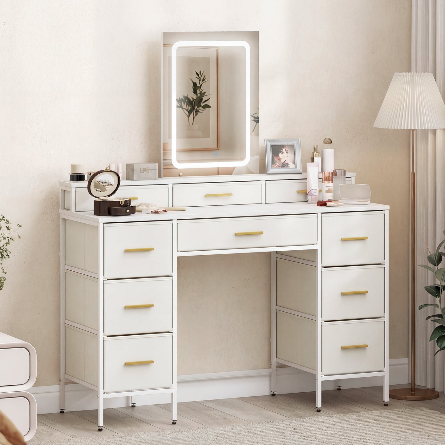 Dressing Table with LED Lighting Mirror and 10 Drawers, White