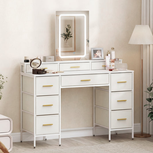 Dressing Table with LED Lighting Mirror and 10 Drawers, White