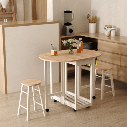 3pc Wooden Kitchen Cart Trollet Table Folding Stools Space-saving