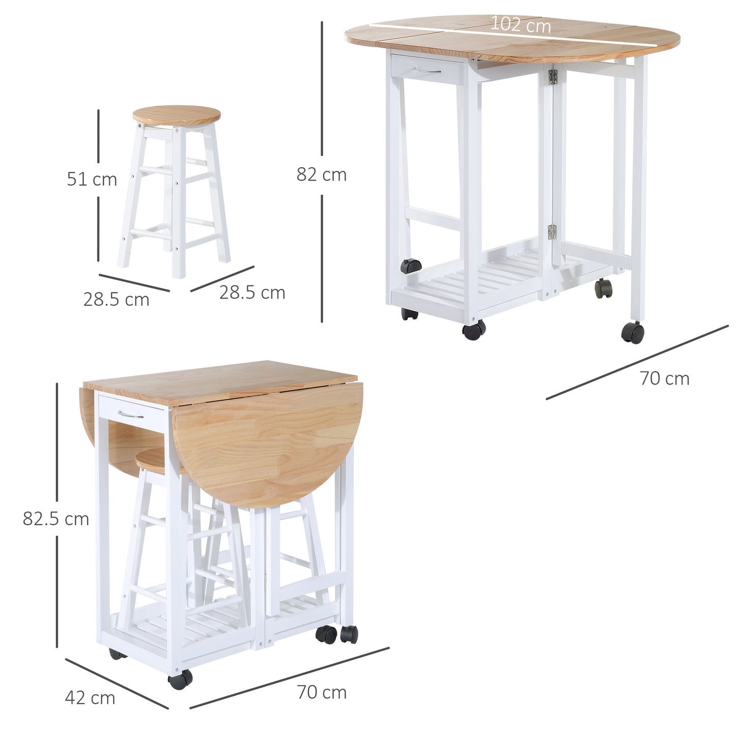 3pc Wooden Kitchen Cart Trollet Table Folding Stools Space-saving