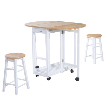 3pc Wooden Kitchen Cart Trollet Table Folding Stools Space-saving