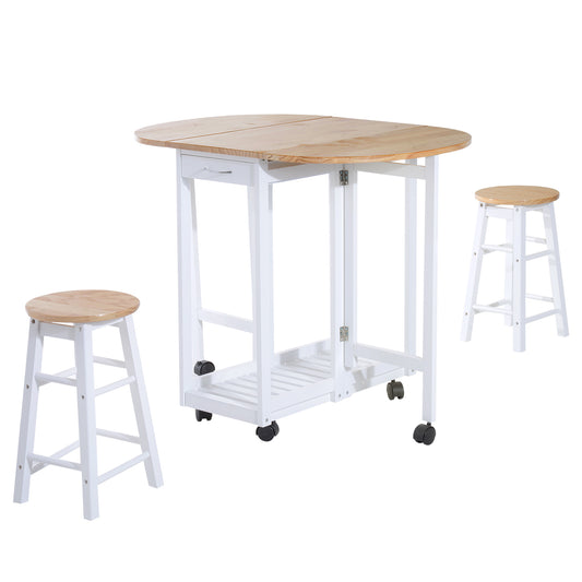 3pc Wooden Kitchen Cart Trollet Table Folding Stools Space-saving