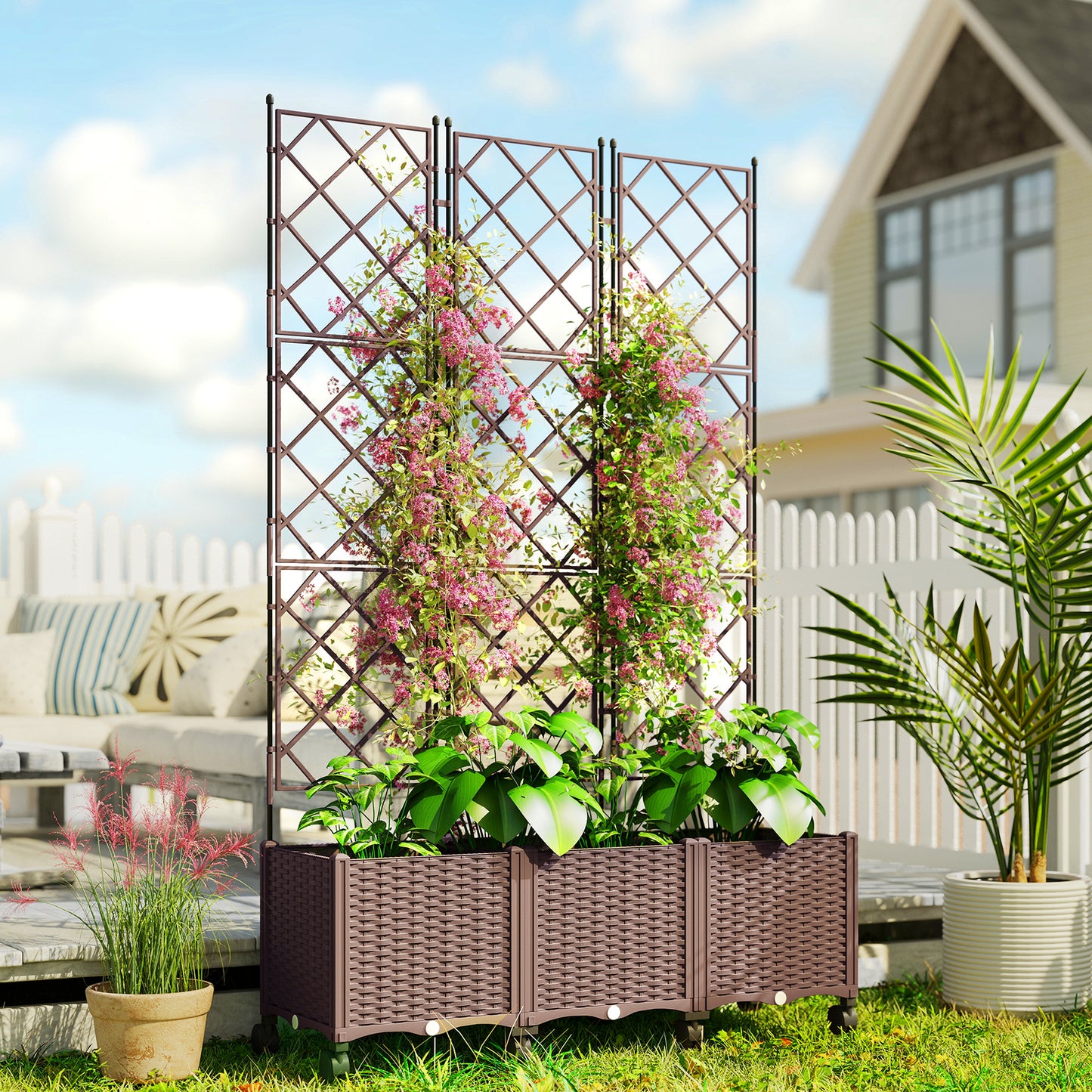 Plastic Raised Planter with Trellis and Self Watering Design