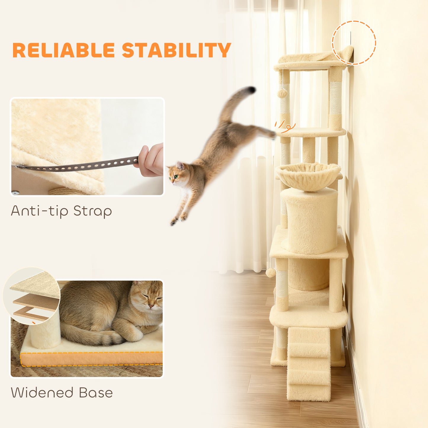Cat Tree, 170 cm Large Cat Tower with 7 Scratching Posts, 1 Tunnel, 2 Condos, 1 Hammock, 1 Perch, 1 Ramp, 4 Platforms, 2 Pompoms, Multi-Level Kitty House for Indoor Kittens, Beige