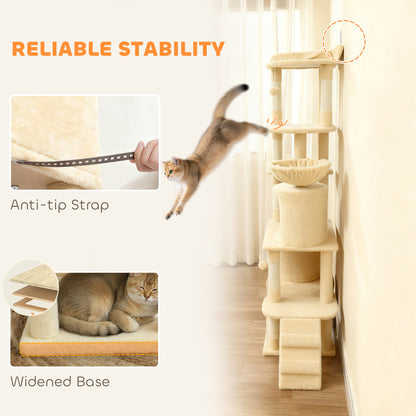 Cat Tree, 170 cm Large Cat Tower with 7 Scratching Posts, 1 Tunnel, 2 Condos, 1 Hammock, 1 Perch, 1 Ramp, 4 Platforms, 2 Pompoms, Multi-Level Kitty House for Indoor Kittens, Beige