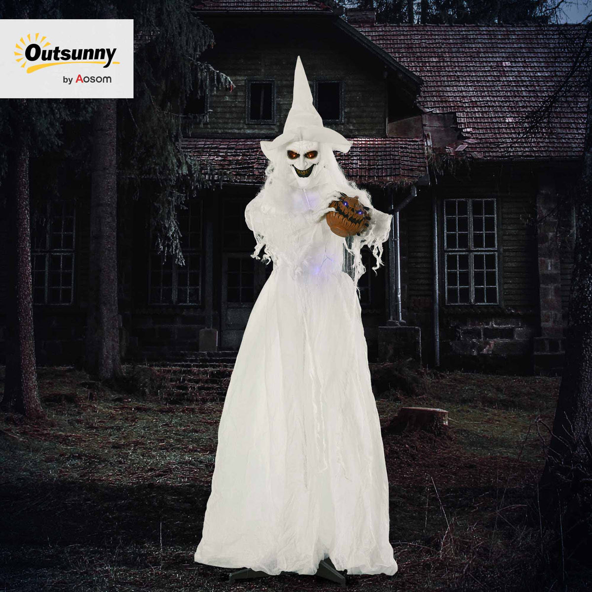 74" Witch Halloween Decoration with Light Up Eyes and Body, White
