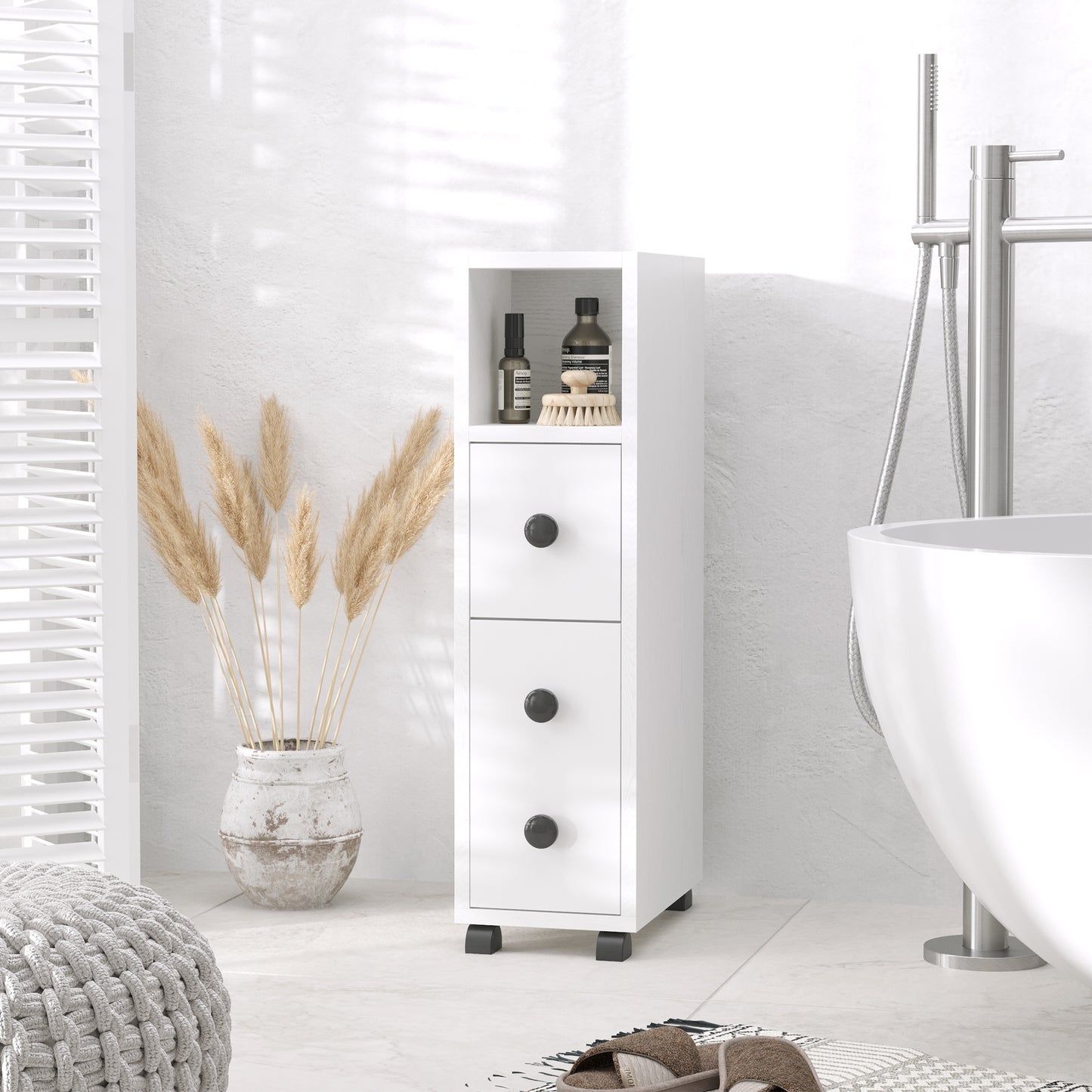Slim Bathroom Storage with 2 Drawers, 2 Open and Wheels, White