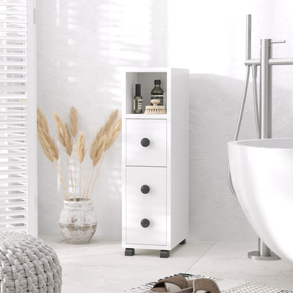 Slim Bathroom Storage with 2 Drawers, 2 Open and Wheels, White