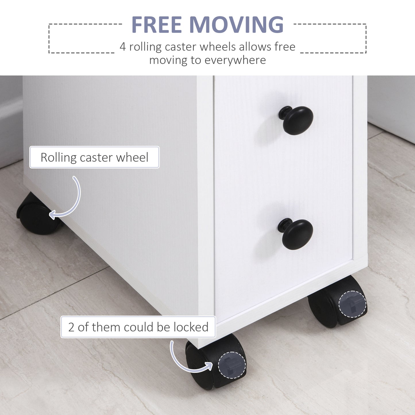 Slim Bathroom Storage with 2 Drawers, 2 Open and Wheels, White