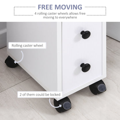 Slim Bathroom Storage with 2 Drawers, 2 Open and Wheels, White
