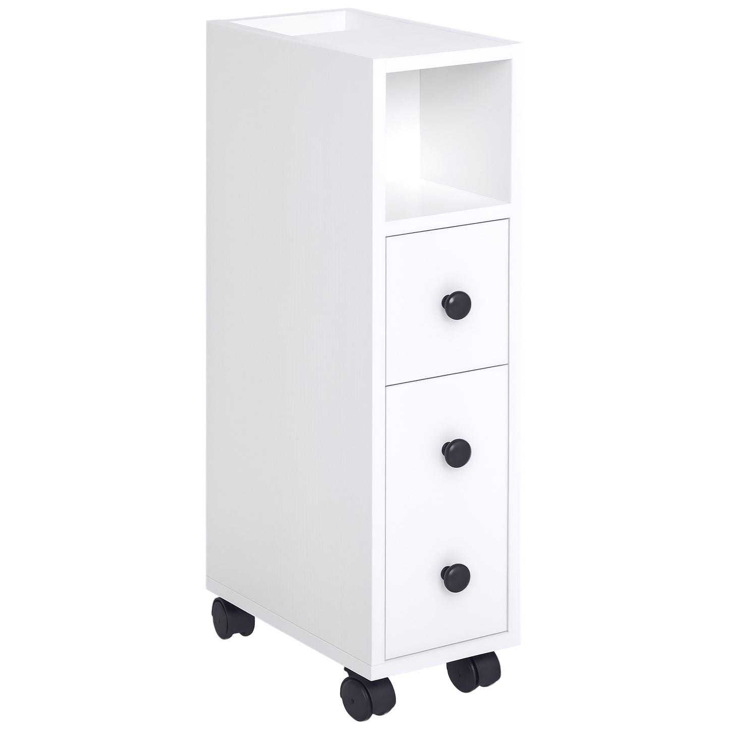 Slim Bathroom Storage with 2 Drawers, 2 Open and Wheels, White