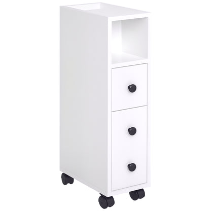 Slim Bathroom Storage with 2 Drawers, 2 Open and Wheels, White