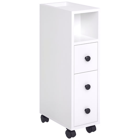 Slim Bathroom Storage with 2 Drawers, 2 Open and Wheels, White