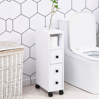 Slim Bathroom Storage with 2 Drawers, 2 Open and Wheels, White