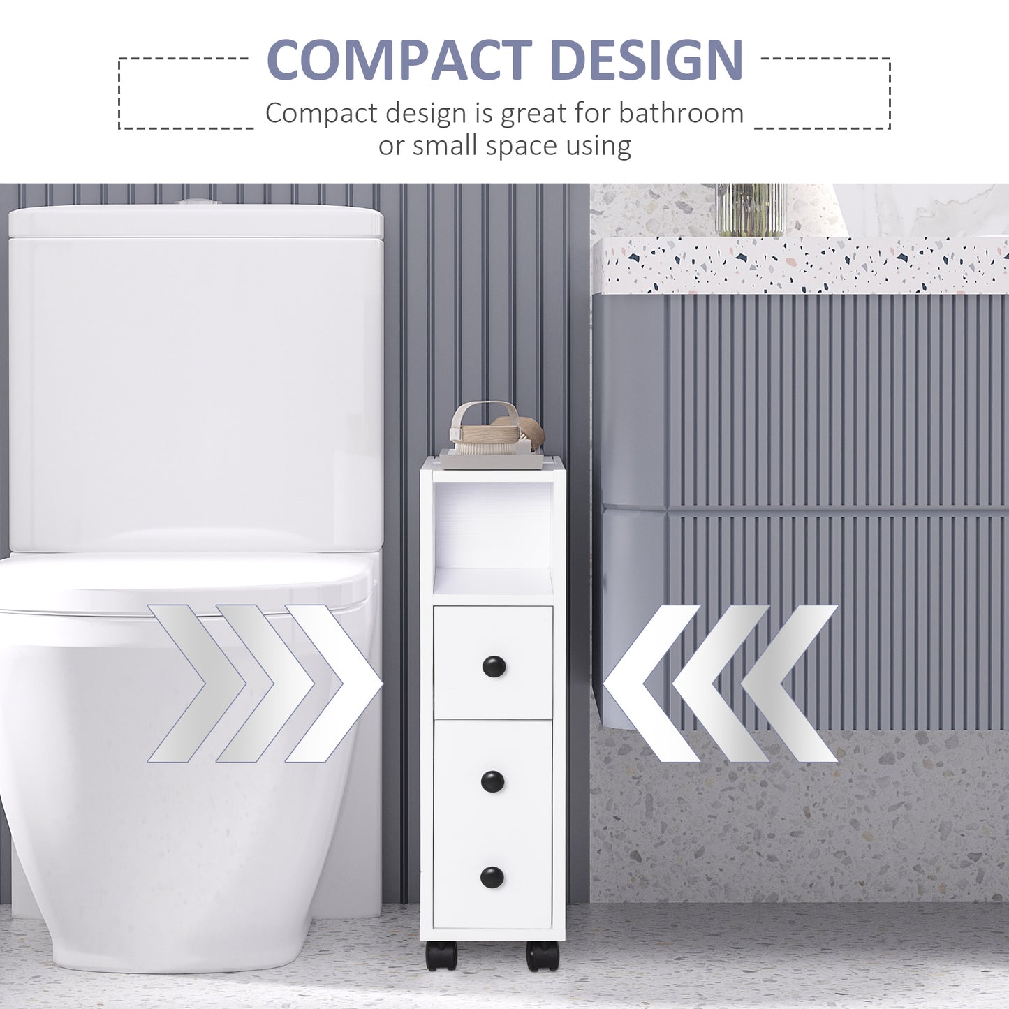 Slim Bathroom Storage with 2 Drawers, 2 Open and Wheels, White