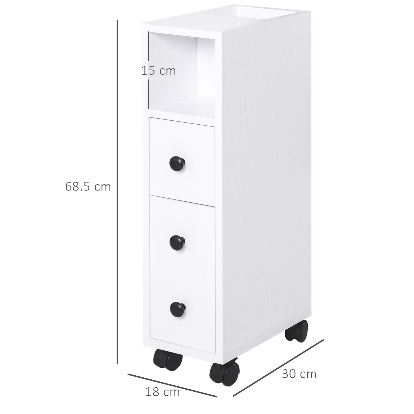 Slim Bathroom Storage with 2 Drawers, 2 Open and Wheels, White