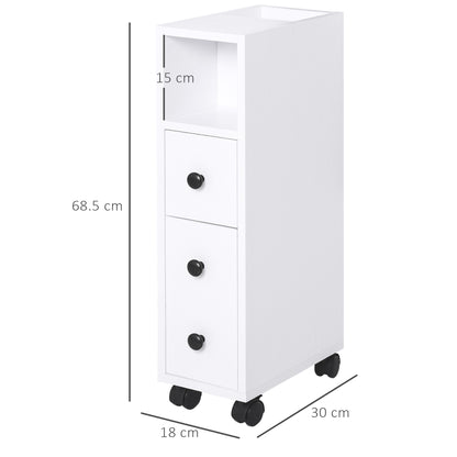 Slim Bathroom Storage with 2 Drawers, 2 Open and Wheels, White