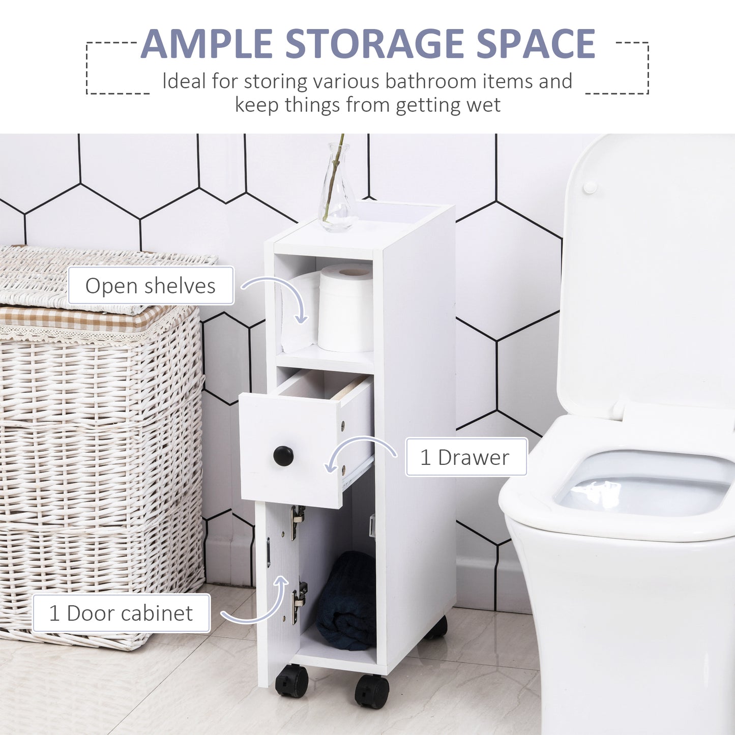Slim Bathroom Storage with 2 Drawers, 2 Open and Wheels, White