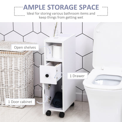 Slim Bathroom Storage with 2 Drawers, 2 Open and Wheels, White
