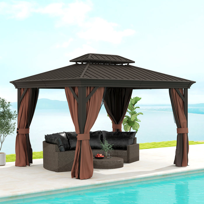 3 x 3.7m Aluminium Hardtop Gazebo Canopy 2 Tier Roof Dark Brown