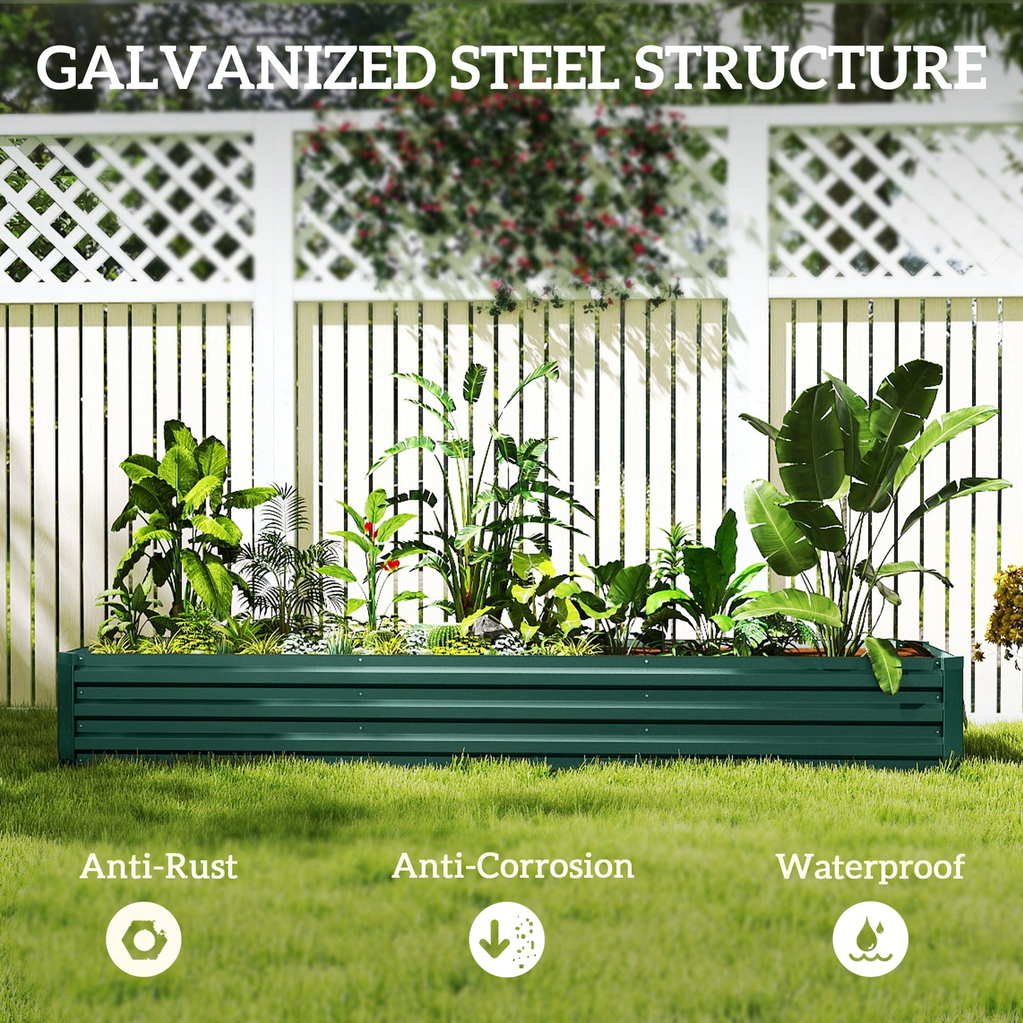 Galvanised Raised Bed for Garden, Rectangular Outdoor Elevated Planter Box with Safety Edging and Open Bottom for Growing Flowers, Herbs and Vegetables, 240 x 60 cm, Green