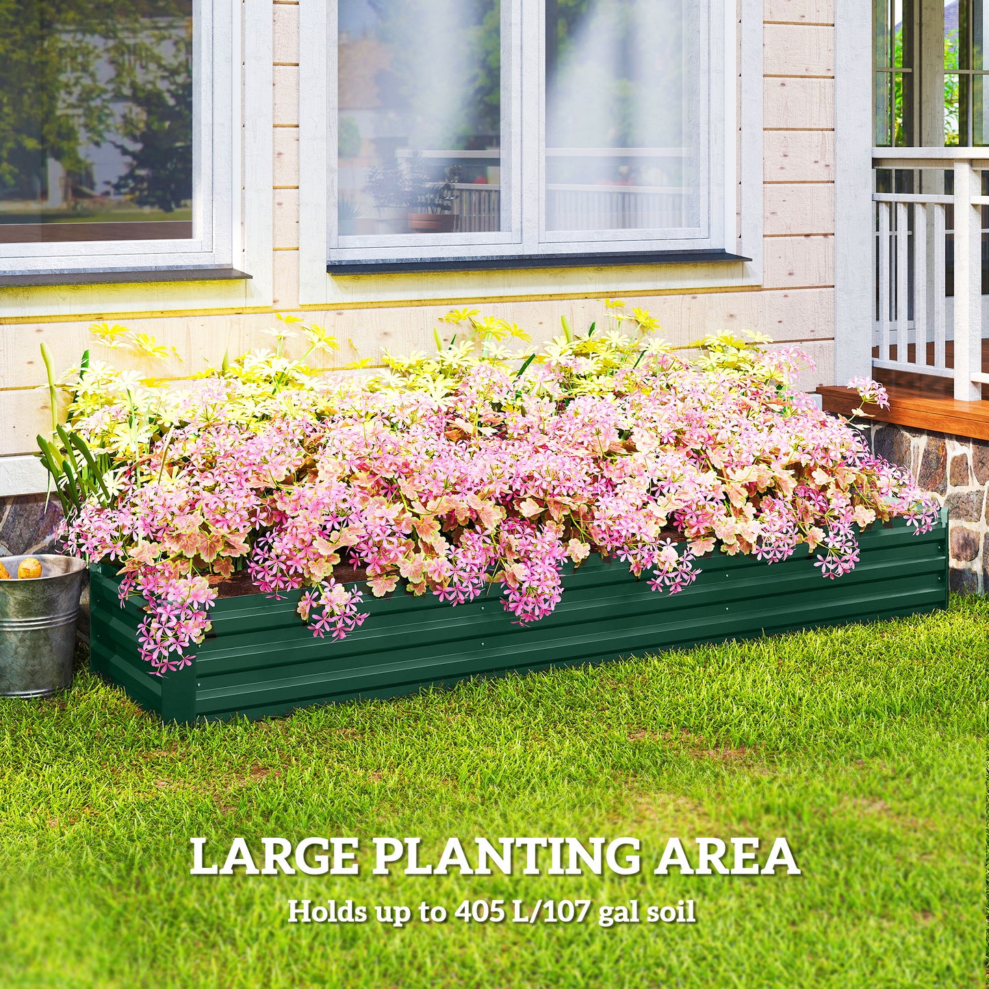 Galvanised Raised Bed for Garden, Rectangular Outdoor Elevated Planter Box with Safety Edging and Open Bottom for Growing Flowers, Herbs and Vegetables, 240 x 60 cm, Green
