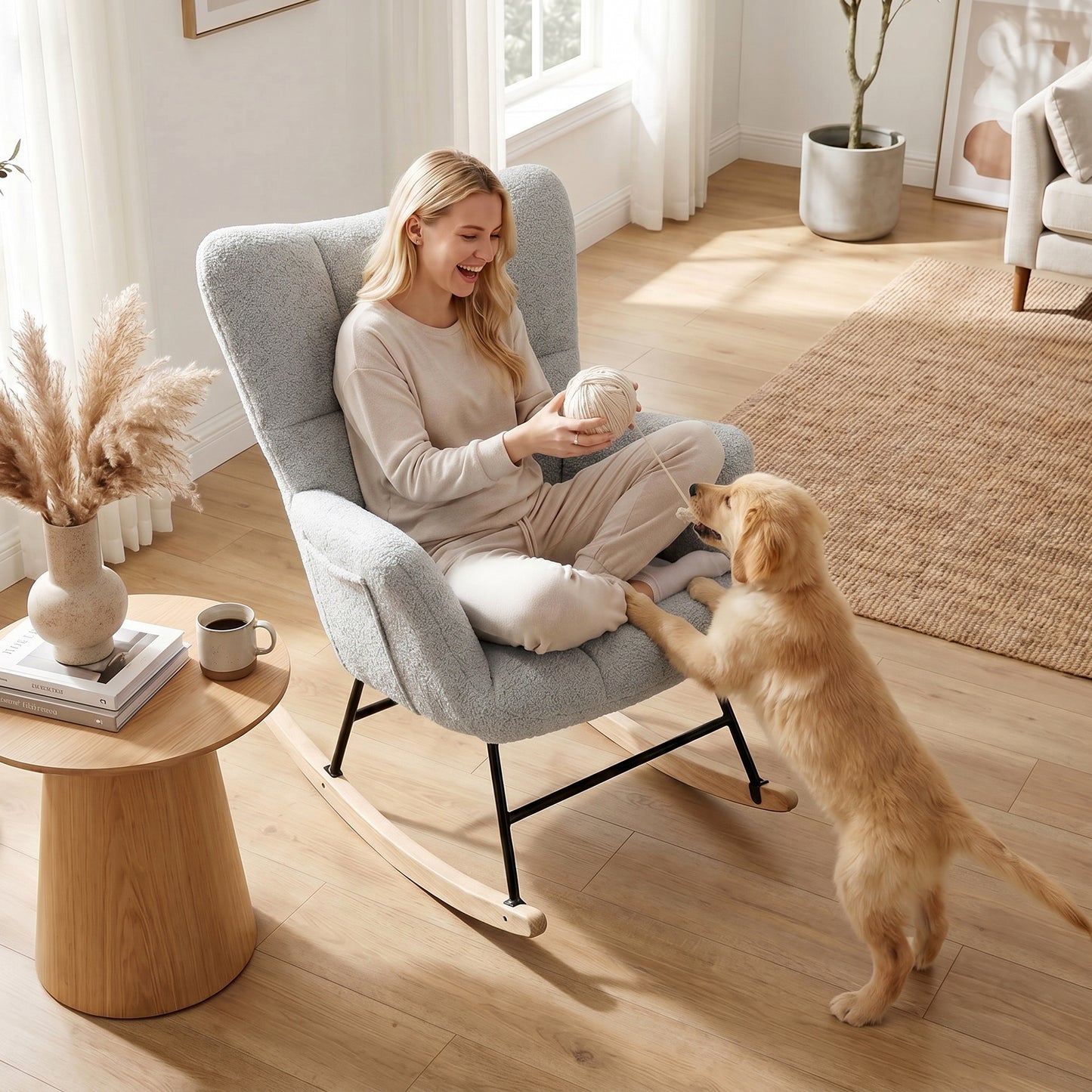 Tufted Rocking Chair with Side Pockets, Light Grey