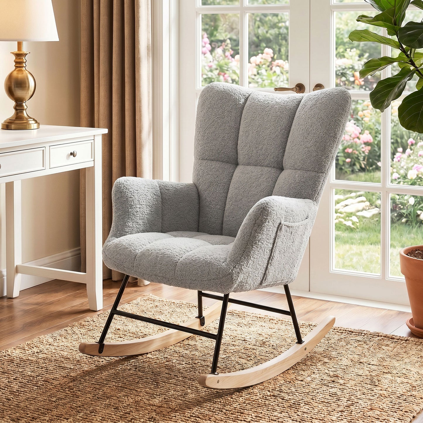 Tufted Rocking Chair with Side Pockets, Light Grey
