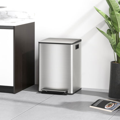Double Kitchen Bin, Pedal Bin with Soft-Close Lid, Silver Tone