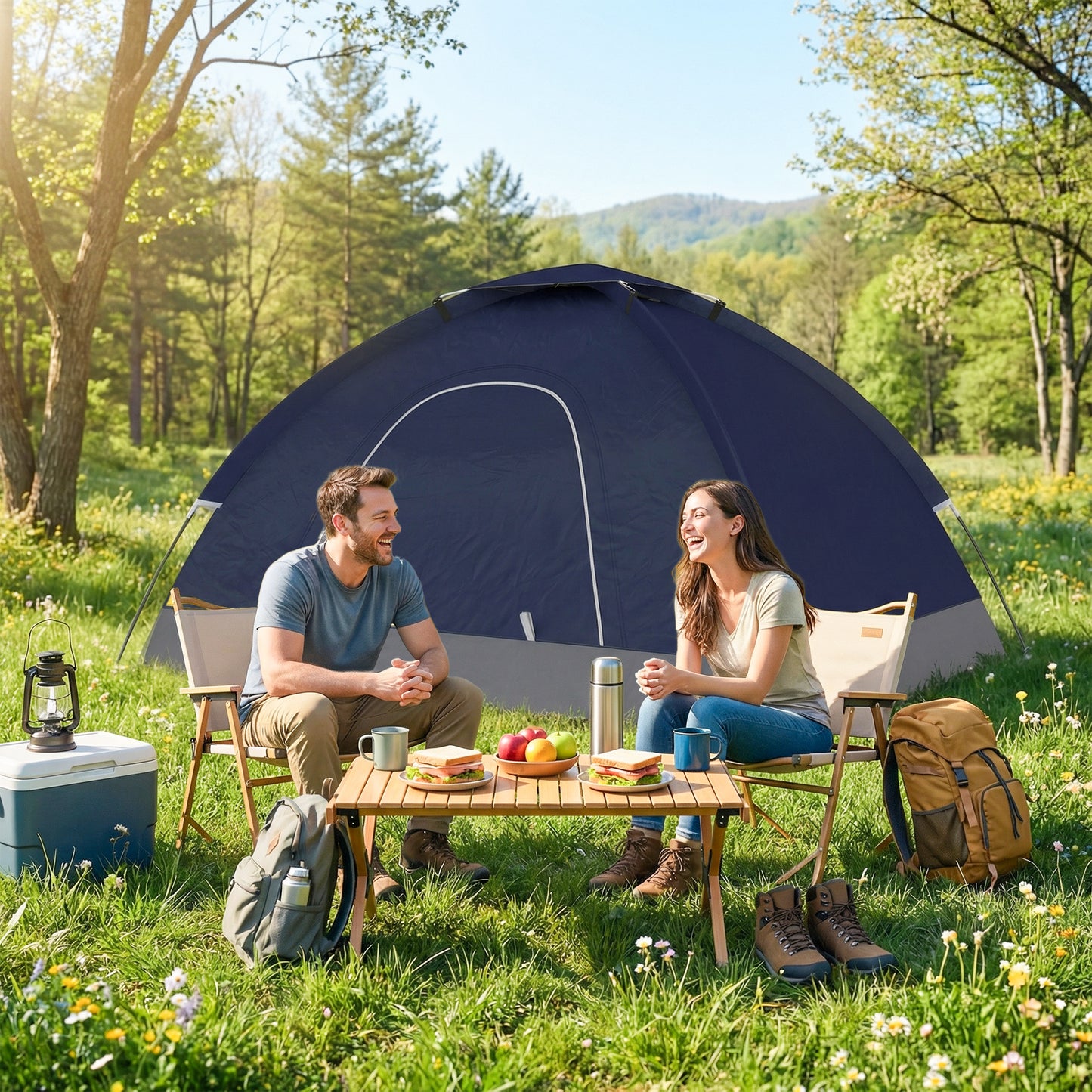 2 Person Camping Tent, Dome Tent with Storage Pocket, Navy Blue