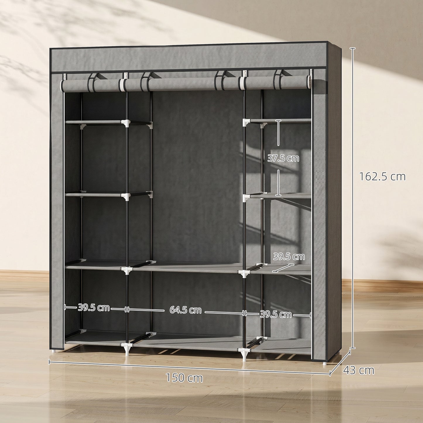 Portable Wardrobe, Foldable Fabric Wardrobe, 150 x 43 x 162.5cm, Clothes Storage Organiser with Hanging Rail, Shelves, Fabric Cover for Bedroom, Dark Grey
