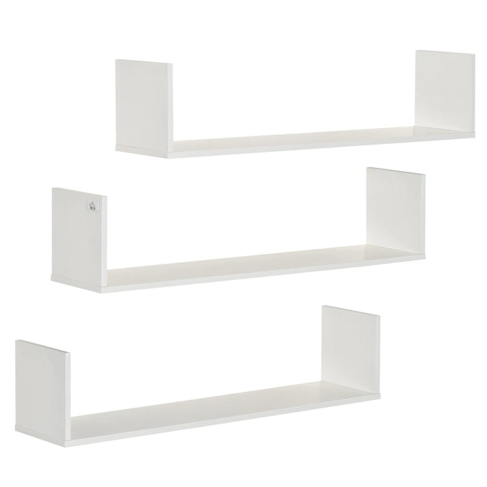 Set of 3 Wooden U-Shaped Floating Shelves Set Wall Mounted Hanging Bookshelf CD DVD Storage Display for Bedroom Living Room Kitchen, White