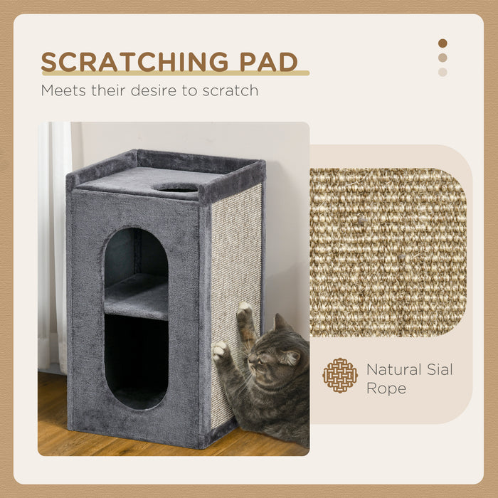 81 cm Cat Scratching Barrel with 2 Cat Condos, Cat Play Tower with Scratching Pad, Cat Scratching Tree for Indoor Cats, Grey