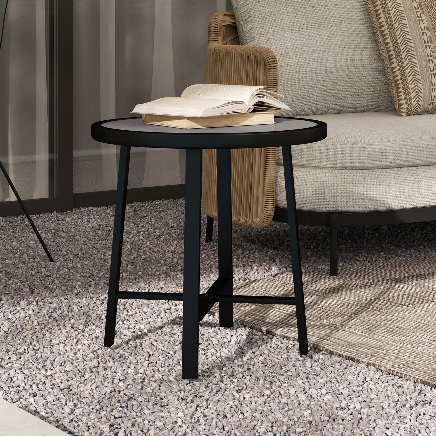 50.5cm Round Garden Table with SPC Tabletop, Grey Wood Effect