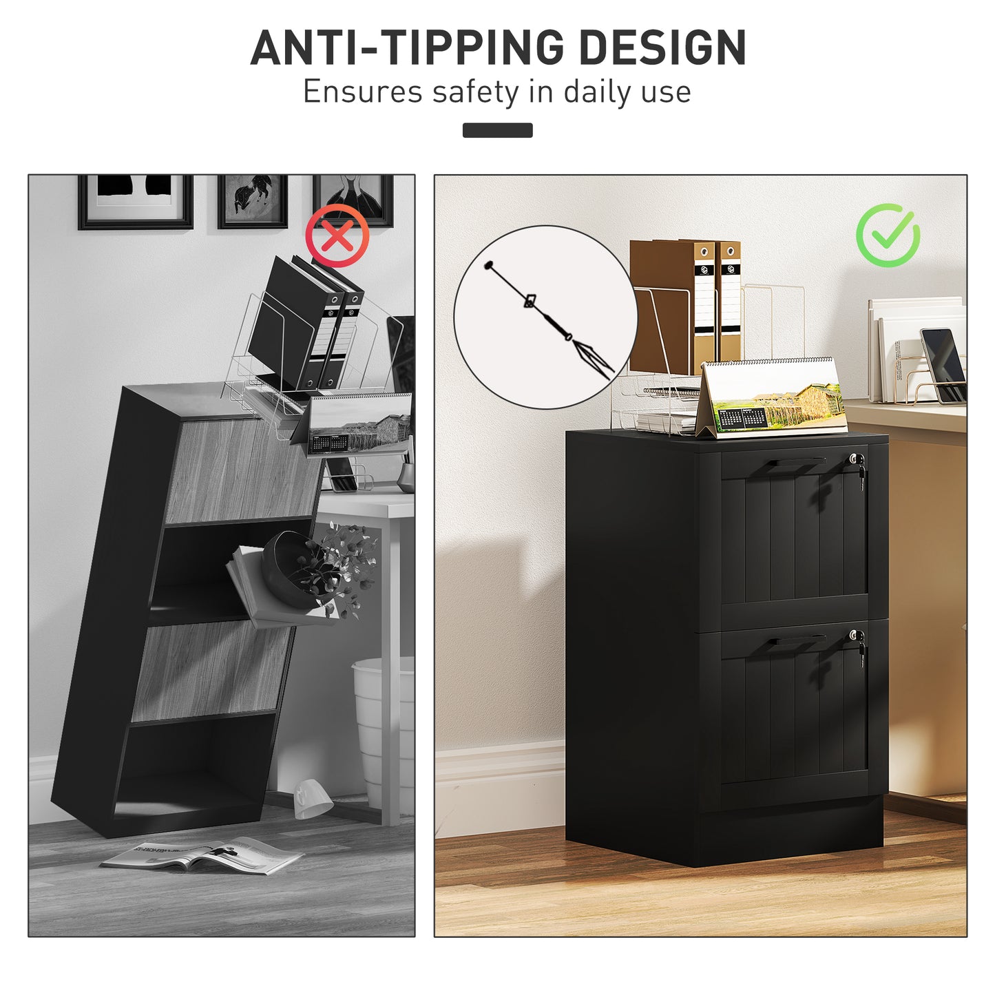 2 Drawer File Cabinet with Lock and Adjustable Hanging Bars, Black