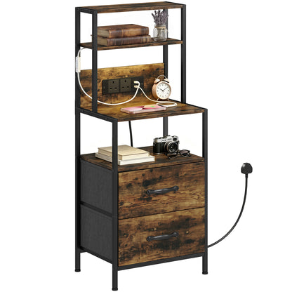 Bedside Table with Charging Station and LED Light Strips, Industrial Nightstand with 2 Drawers, Bedside Cabinet for Living Room Bedroom, Rustic Brown