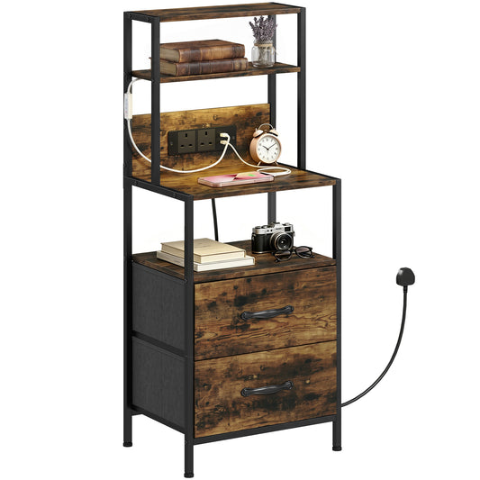 Bedside Table with Charging Station and LED Light Strips, Industrial Nightstand with 2 Drawers, Bedside Cabinet for Living Room Bedroom, Rustic Brown