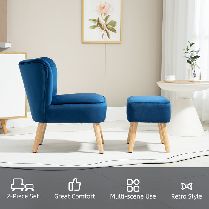 Velvet Accent Chair Occasional Tub Seat Padding Curved Back w/ Ottoman Wood Frame Legs Home Furniture, Blue