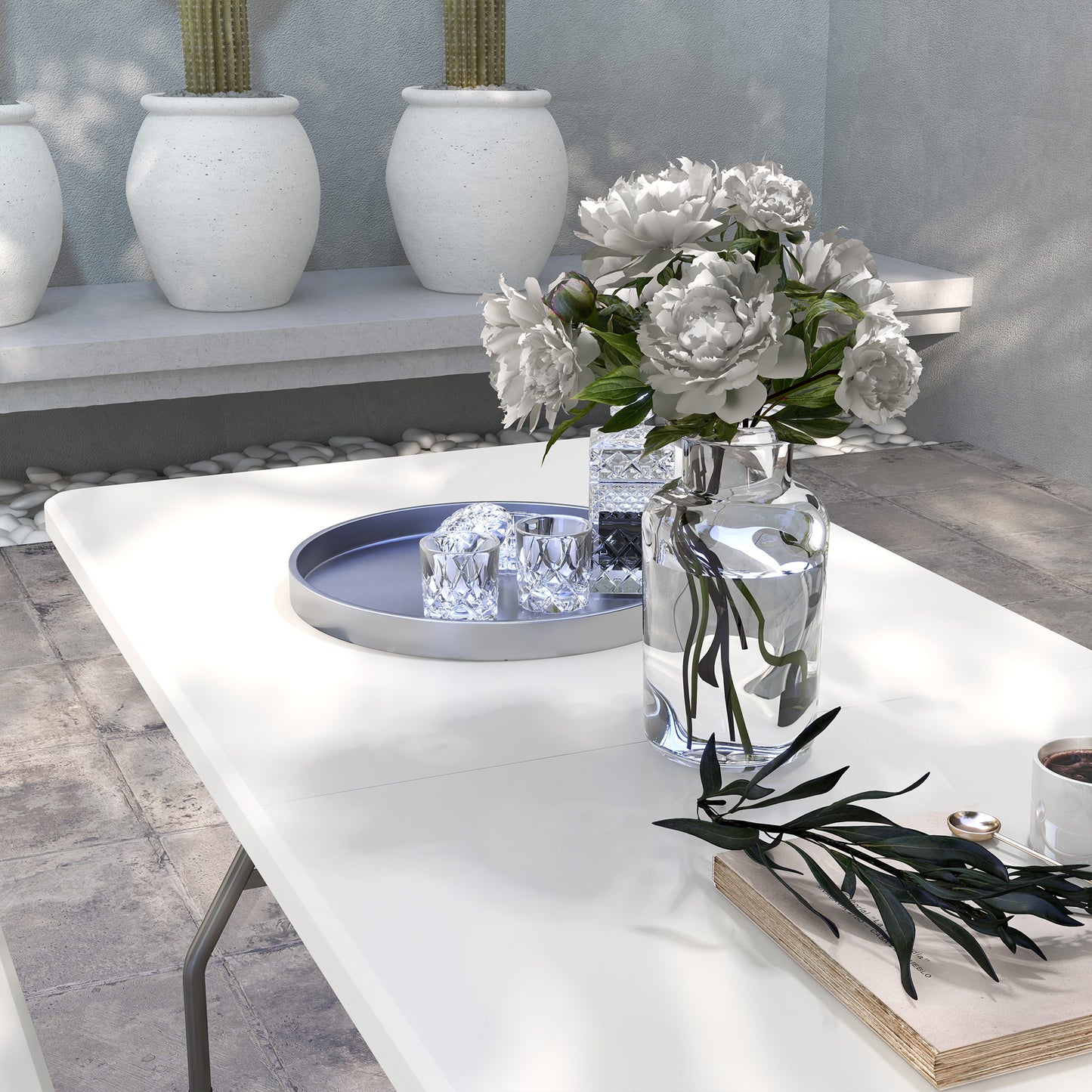 Folding Garden Table, Patio Table with Metal Frame, White