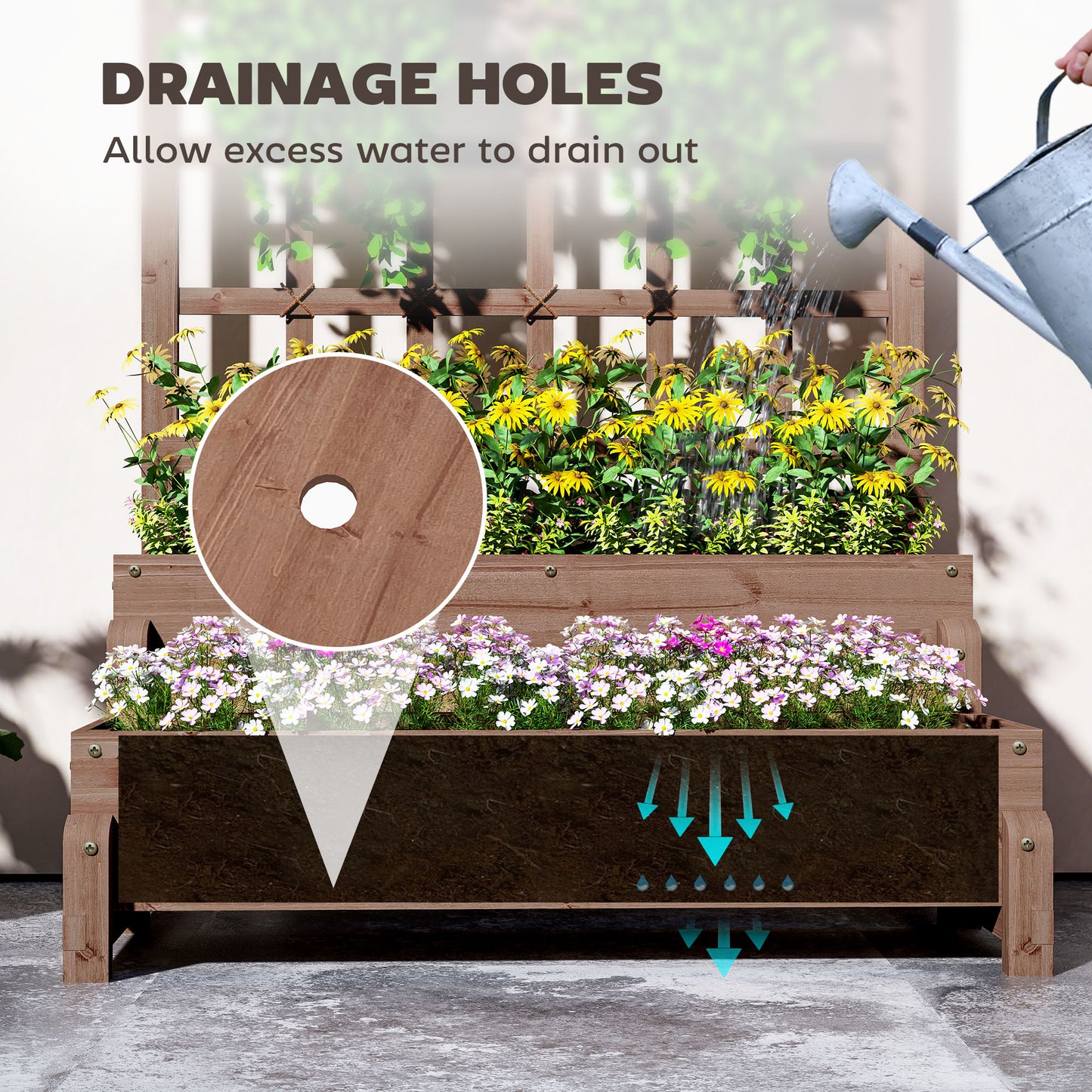 2-Tier Wooden Raised Bed with Trellis and Drainage Holes, Brown