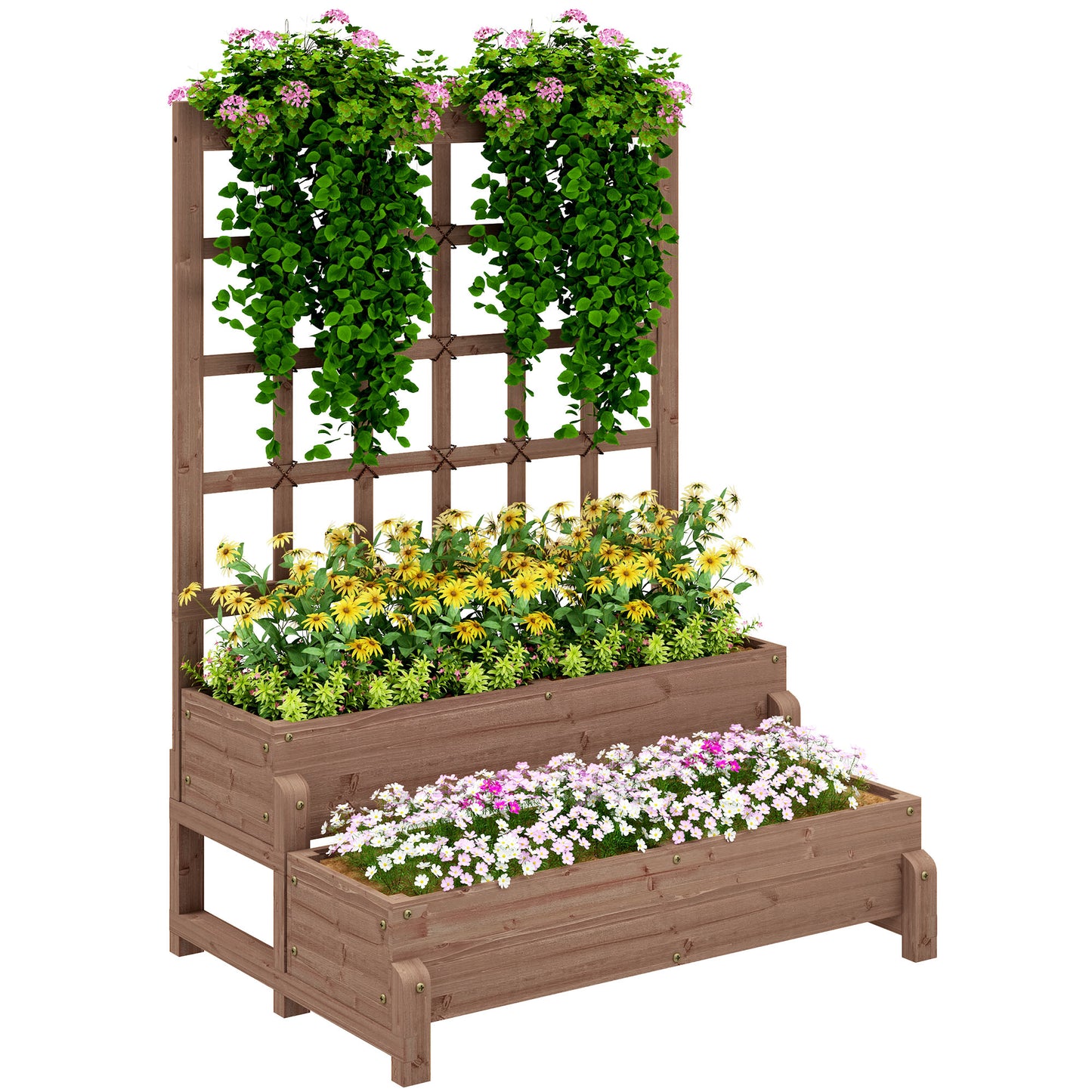 2-Tier Wooden Raised Bed with Trellis and Drainage Holes, Brown