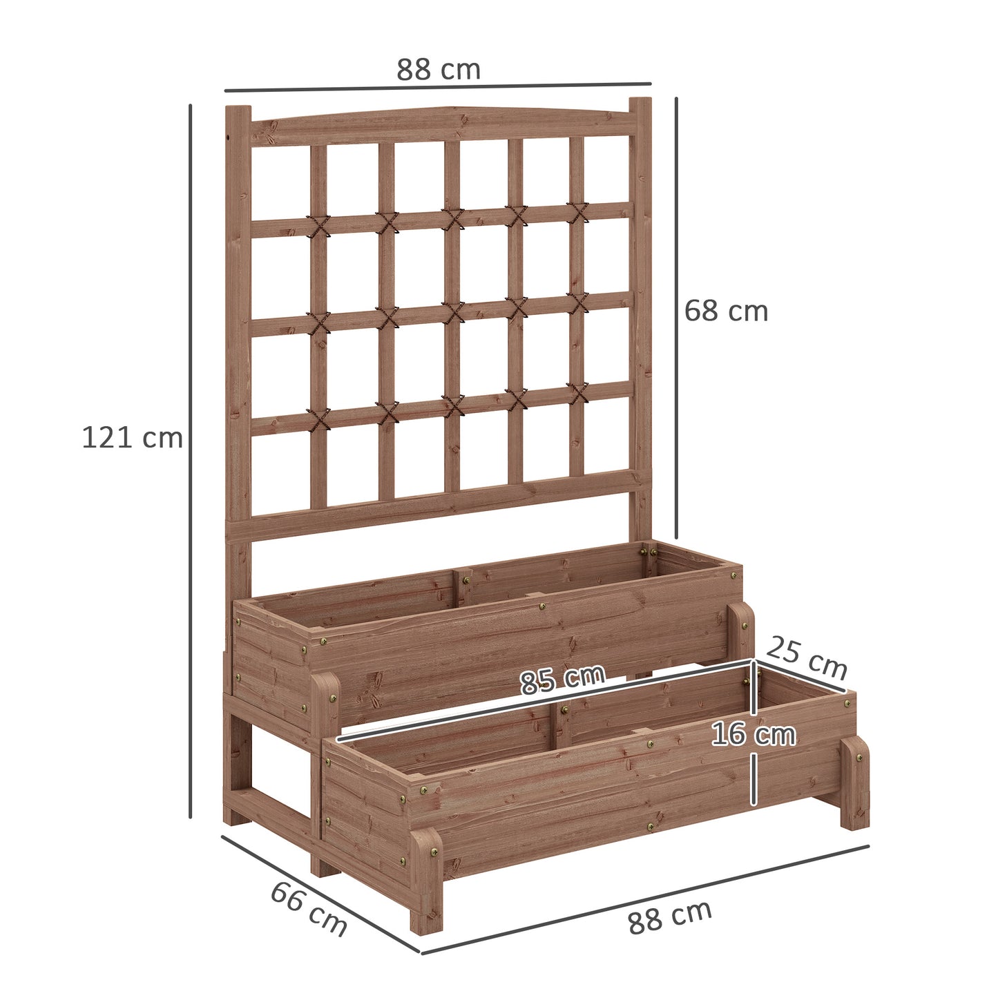 2-Tier Wooden Raised Bed with Trellis and Drainage Holes, Brown