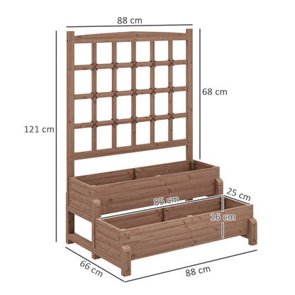 2-Tier Wooden Raised Bed with Trellis and Drainage Holes, Brown