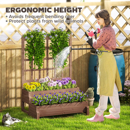 2-Tier Wooden Raised Bed with Trellis and Drainage Holes, Brown