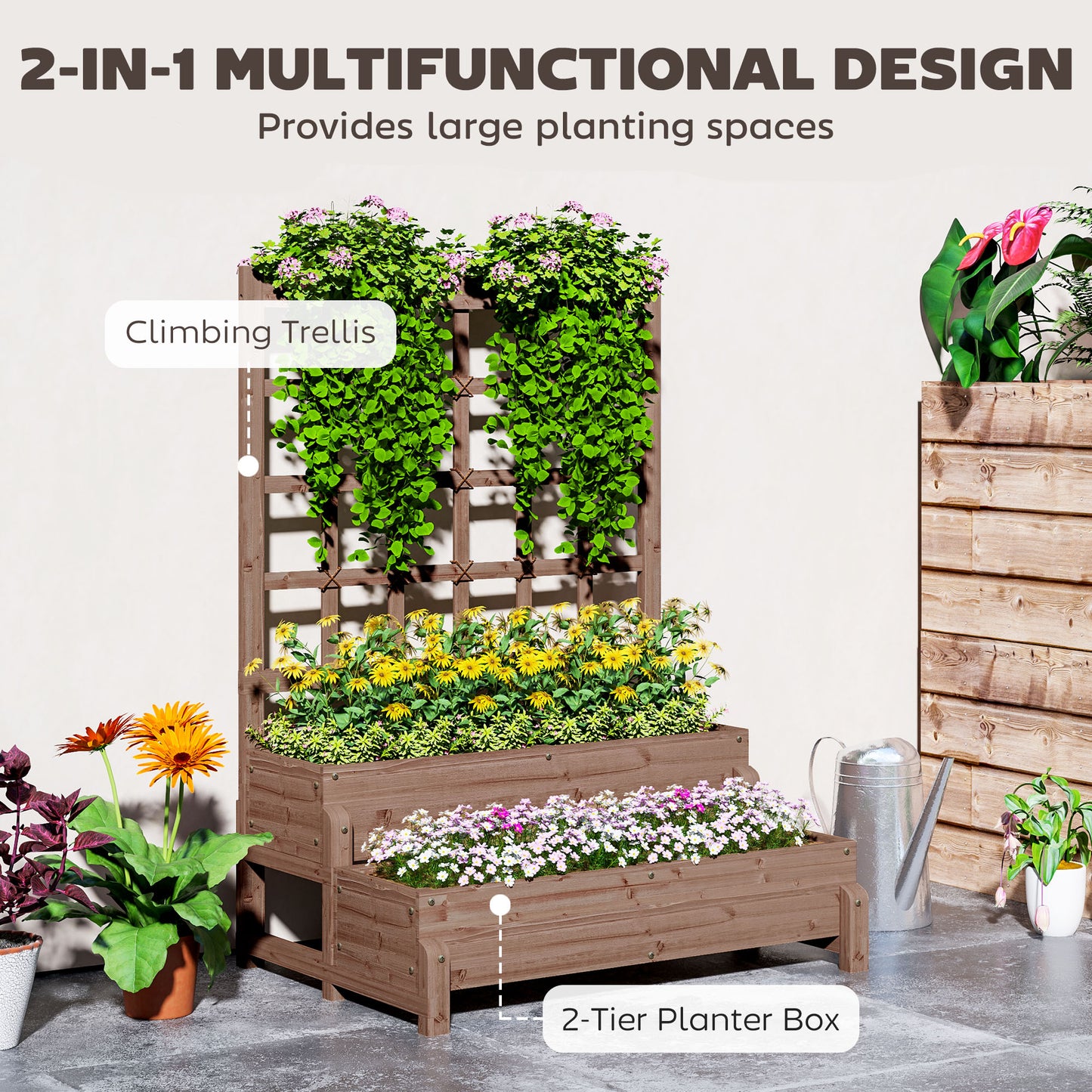 2-Tier Wooden Raised Bed with Trellis and Drainage Holes, Brown