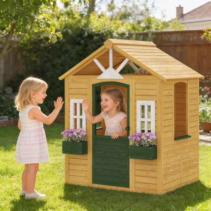 Outdoor Playhouse, Wooden Wendy House with Door, 2 Flower Boxes