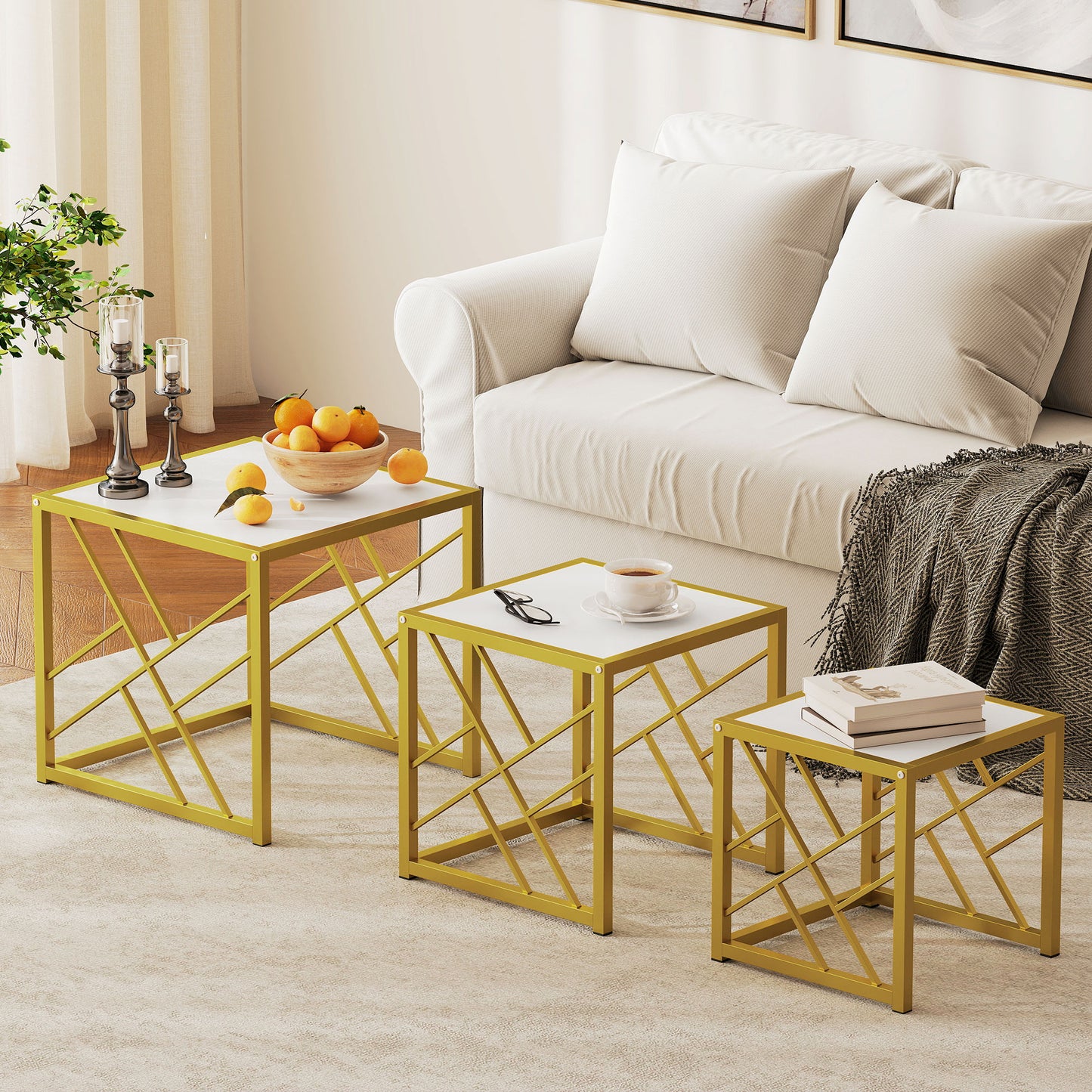 Set of 3 Nesting Coffee Tables Square End Tables w/ Metal Frame White